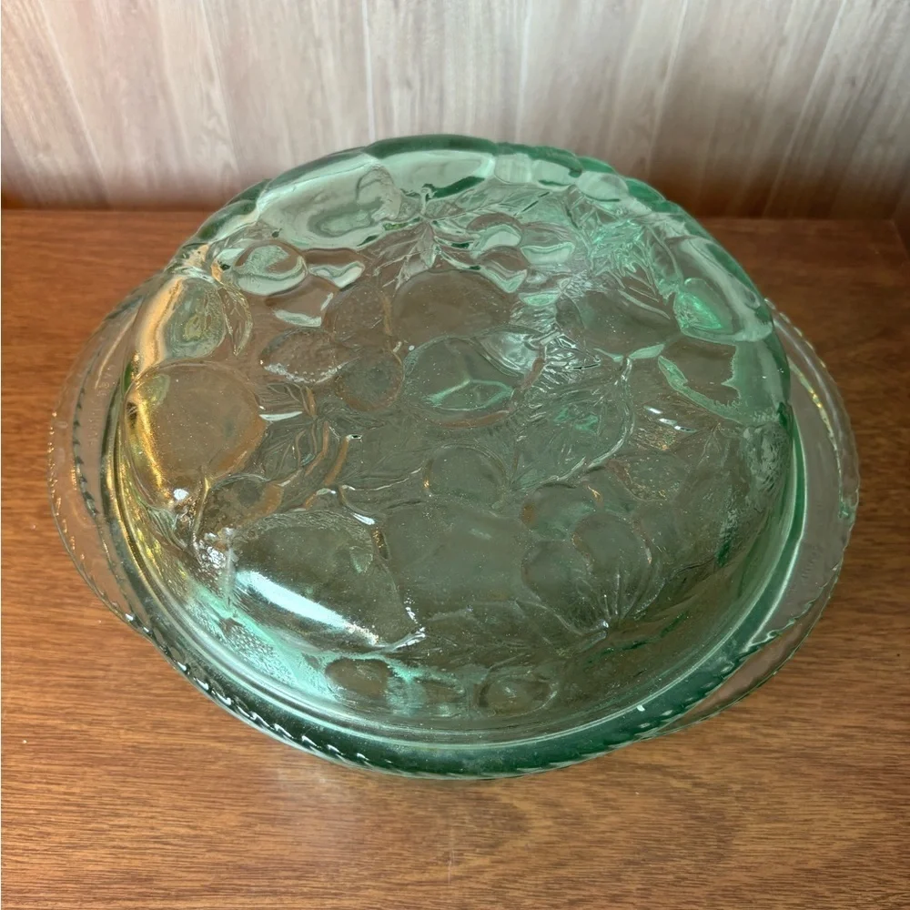 Vintage Libby Orchard Fruit Green Glass Covered Casserole Dish Lid Pie Baking